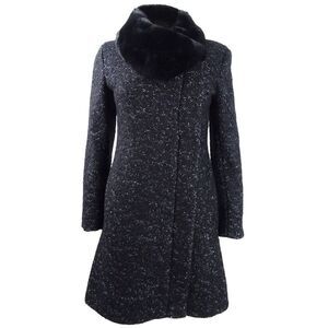 DKNY Women's Petite Asymmetrical-Zip Faux-Fur-Collar Coat - Black